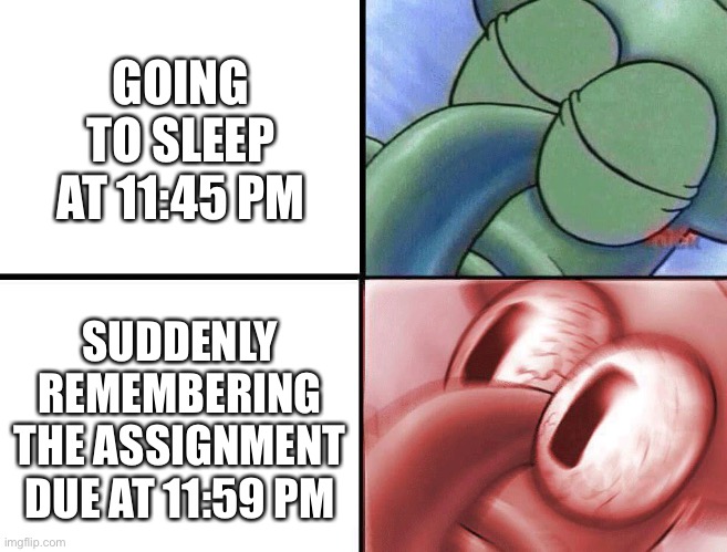 sleeping Squidward | GOING TO SLEEP AT 11:45 PM; SUDDENLY REMEMBERING THE ASSIGNMENT DUE AT 11:59 PM | image tagged in sleeping squidward | made w/ Imgflip meme maker