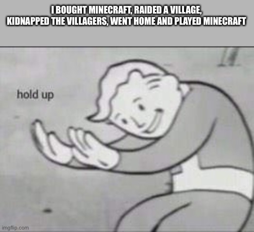 Wait… |  I BOUGHT MINECRAFT, RAIDED A VILLAGE, KIDNAPPED THE VILLAGERS, WENT HOME AND PLAYED MINECRAFT | image tagged in fallout hold up | made w/ Imgflip meme maker