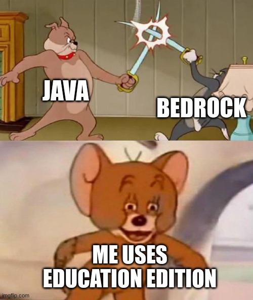 Minecraft users (Im gonna get hated aren't I) | JAVA; BEDROCK; ME USES EDUCATION EDITION | image tagged in tom and jerry swordfight | made w/ Imgflip meme maker