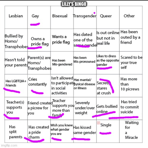 LGBTQIA+ Bingo!! | LILLY'S BINGO | image tagged in lgbtqia bingo | made w/ Imgflip meme maker