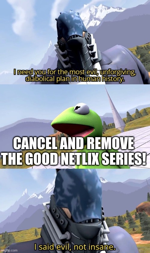 Netflix be like | CANCEL AND REMOVE THE GOOD NETLIX SERIES! | image tagged in i need you for the most evil unforgiving diabolical plan,netflix | made w/ Imgflip meme maker