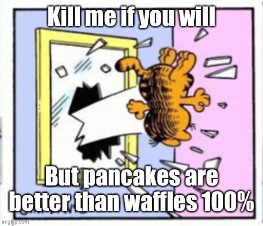 Garfield gets thrown out of a window | Kill me if you will; But pancakes are better than waffles 100% | image tagged in garfield gets thrown out of a window | made w/ Imgflip meme maker