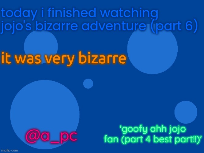 ain't no way | today i finished watching
jojo's bizarre adventure (part 6); it was very bizarre; 'goofy ahh jojo fan (part 4 best part!!)'; @a_pc | image tagged in stupid_official temp 1 | made w/ Imgflip meme maker