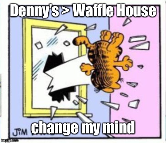 Garfield gets thrown out of a window | Denny’s > Waffle House; change my mind | image tagged in garfield gets thrown out of a window | made w/ Imgflip meme maker