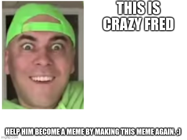 Help him plz, he's a baby meme. :') | THIS IS CRAZY FRED; HELP HIM BECOME A MEME BY MAKING THIS MEME AGAIN. ;) | image tagged in insane,crazy,strange | made w/ Imgflip meme maker