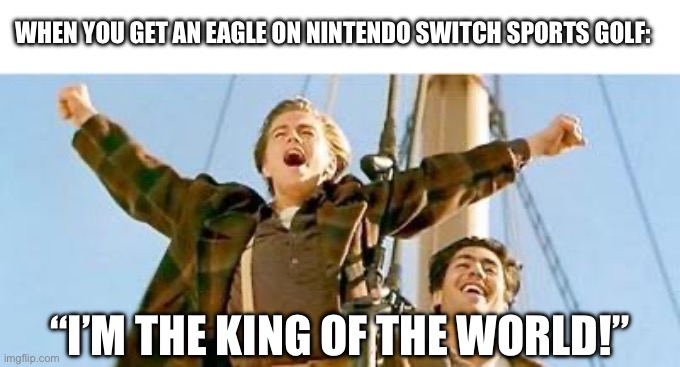 Eagle In Nintendo Switch Golf | WHEN YOU GET AN EAGLE ON NINTENDO SWITCH SPORTS GOLF:; “I’M THE KING OF THE WORLD!” | image tagged in king of the world,golf,nintendo switch,video games,sports | made w/ Imgflip meme maker