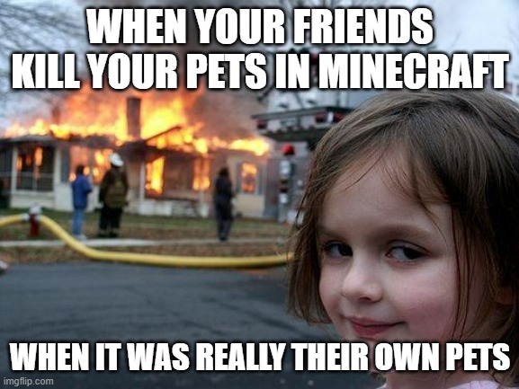Disaster Girl Meme | WHEN YOUR FRIENDS KILL YOUR PETS IN MINECRAFT; WHEN IT WAS REALLY THEIR OWN PETS | image tagged in memes,disaster girl | made w/ Imgflip meme maker