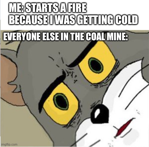 I can’t think of a title | ME: STARTS A FIRE BECAUSE I WAS GETTING COLD; EVERYONE ELSE IN THE COAL MINE: | image tagged in unsettled tom,dark humor | made w/ Imgflip meme maker