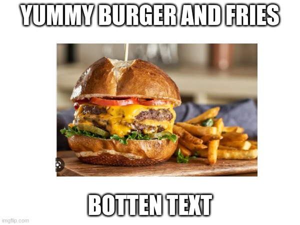 Yummy burger and fries | YUMMY BURGER AND FRIES; BOTTEN TEXT | image tagged in food,fast food | made w/ Imgflip meme maker