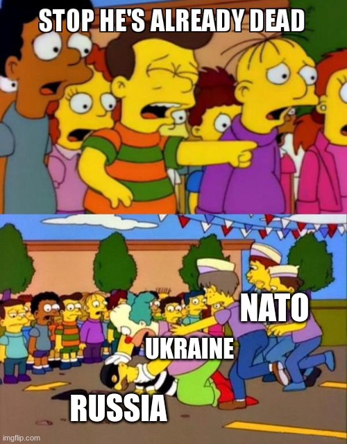 Pls stop attacking russia | NATO; UKRAINE; RUSSIA | image tagged in stop he's already dead | made w/ Imgflip meme maker