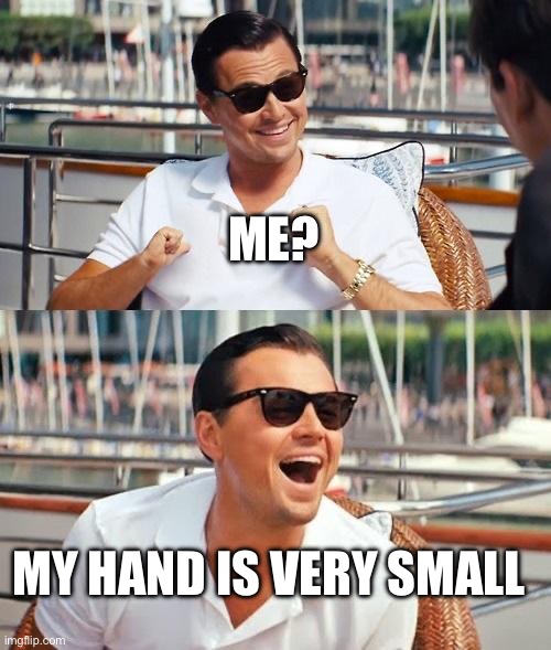 Idk why ive never seen wolf of wall street | ME? MY HAND IS VERY SMALL | image tagged in memes,leonardo dicaprio wolf of wall street | made w/ Imgflip meme maker