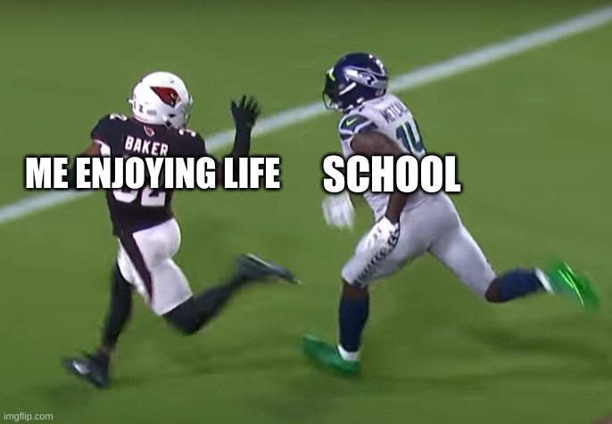 DK Metcalf chases Budda Baker | ME ENJOYING LIFE SCHOOL | image tagged in dk metcalf chases budda baker | made w/ Imgflip meme maker