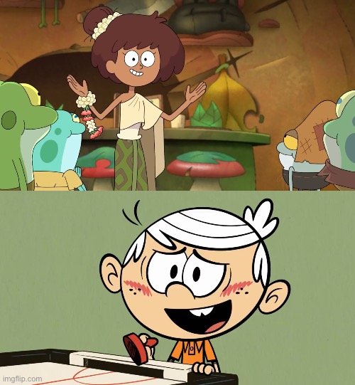 Lincoln Loud sees Anne Boonchuy | image tagged in amphibia,the loud house,blushing,nickelodeon,disney channel | made w/ Imgflip meme maker