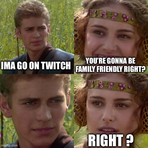 Anakin Padme 4 Panel | IMA GO ON TWITCH; YOU’RE GONNA BE FAMILY FRIENDLY RIGHT? RIGHT ? | image tagged in anakin padme 4 panel | made w/ Imgflip meme maker