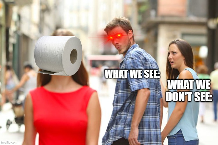 Distracted Boyfriend Meme | WHAT WE SEE: WHAT WE DON'T SEE: | image tagged in memes,distracted boyfriend | made w/ Imgflip meme maker