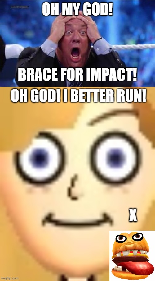 OH MY GOD! BRACE FOR IMPACT! OH GOD! I BETTER RUN! X | image tagged in oh my god | made w/ Imgflip meme maker