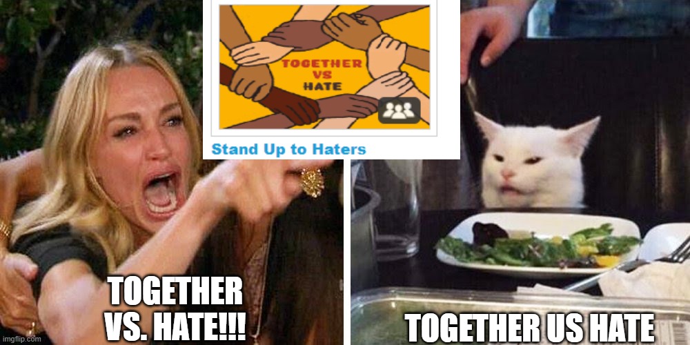 pov forgot the period after the abbreviation |  TOGETHER VS. HATE!!! TOGETHER US HATE | image tagged in smudge the cat | made w/ Imgflip meme maker