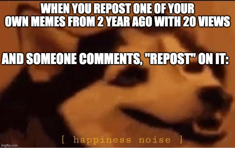 so happy | WHEN YOU REPOST ONE OF YOUR OWN MEMES FROM 2 YEAR AGO WITH 20 VIEWS; AND SOMEONE COMMENTS, "REPOST" ON IT: | image tagged in happines noise,old meme,views | made w/ Imgflip meme maker