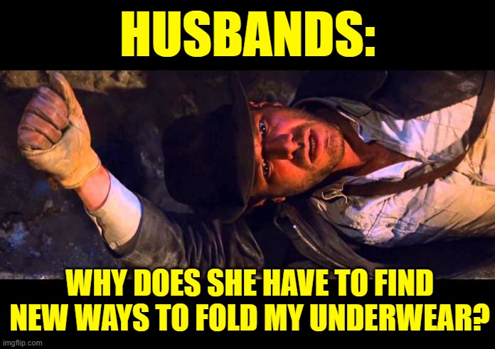 Indiana Folds | HUSBANDS:; WHY DOES SHE HAVE TO FIND NEW WAYS TO FOLD MY UNDERWEAR? | image tagged in indiana jones why'd it have to be snakes,marriage,funny memes,underwear,movies,lol | made w/ Imgflip meme maker