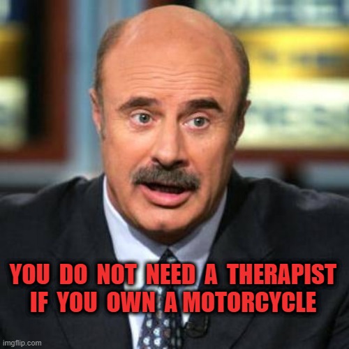 YOU DO NO NEED A THERAPIST IF YOU OWN A MOTORCYCLE | YOU  DO  NOT  NEED  A  THERAPIST 
 IF  YOU  OWN  A MOTORCYCLE | image tagged in dr phil | made w/ Imgflip meme maker