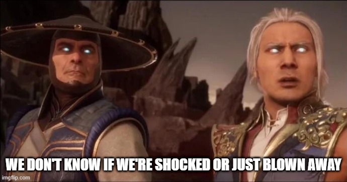 Raiden and Fujin | WE DON'T KNOW IF WE'RE SHOCKED OR JUST BLOWN AWAY | image tagged in raiden fujin mk 11 | made w/ Imgflip meme maker