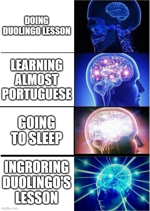 DOING DUOLINGO LESSON LEARNING ALMOST PORTUGUESE GOING TO SLEEP INGRORING DUOLINGO'S LESSON | image tagged in memes,expanding brain | made w/ Imgflip meme maker
