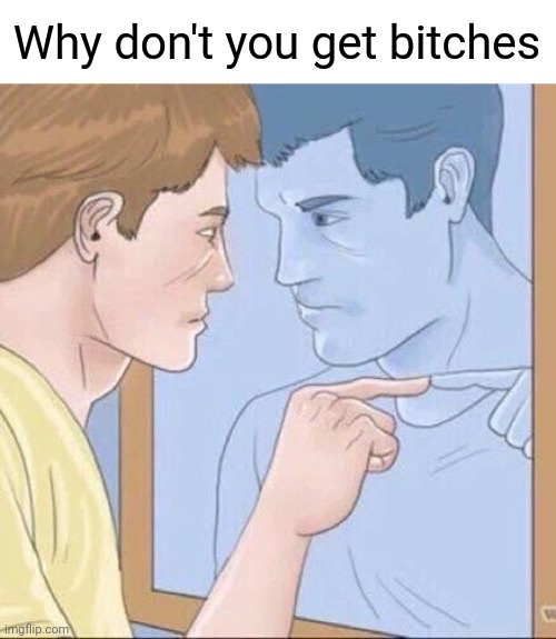 Pointing mirror guy | Why don't you get bitches | image tagged in pointing mirror guy | made w/ Imgflip meme maker