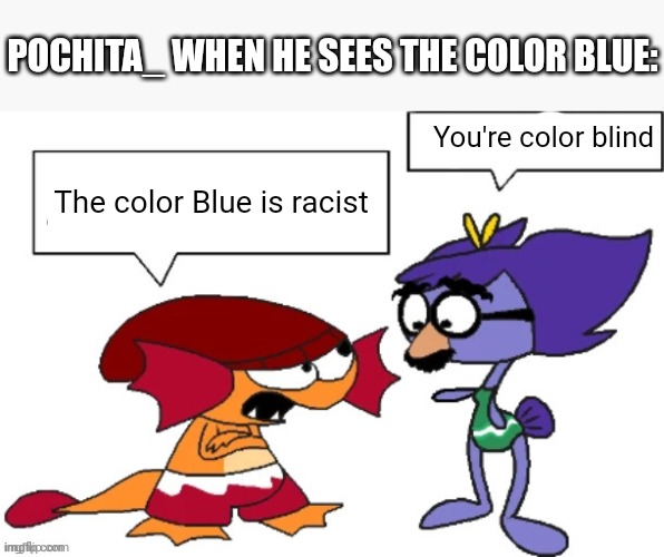 This is was stuck in my head so I decided to make this (Don't hate please, this is some sort of /j) | POCHITA_ WHEN HE SEES THE COLOR BLUE:; You're color blind; The color Blue is racist | image tagged in you're an idiot but both bubbles are blank | made w/ Imgflip meme maker