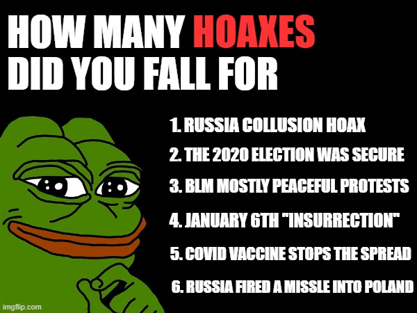 HOW MANY HOAXES DID YOU FALL FOR? | HOAXES; HOW MANY       
DID YOU FALL FOR; 1. RUSSIA COLLUSION HOAX; 2. THE 2020 ELECTION WAS SECURE; 3. BLM MOSTLY PEACEFUL PROTESTS; 4. JANUARY 6TH ''INSURRECTION''; 5. COVID VACCINE STOPS THE SPREAD; 6. RUSSIA FIRED A MISSLE INTO POLAND | made w/ Imgflip meme maker