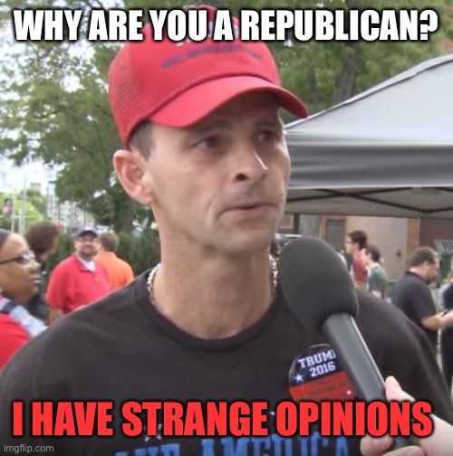 Trump supporter | WHY ARE YOU A REPUBLICAN? I HAVE STRANGE OPINIONS | image tagged in trump supporter | made w/ Imgflip meme maker
