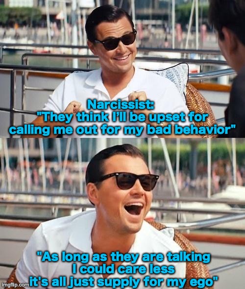 Leonardo Dicaprio Wolf Of Wall Street | Narcissist: 
"They think I’ll be upset for
calling me out for my bad behavior"; "As long as they are talking
I could care less
it's all just supply for my ego" | image tagged in memes,leonardo dicaprio wolf of wall street | made w/ Imgflip meme maker
