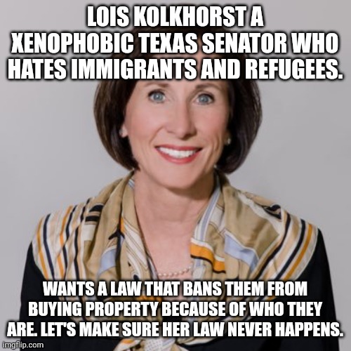 Lois Kolkhorsrt deranged woman | LOIS KOLKHORST A XENOPHOBIC TEXAS SENATOR WHO HATES IMMIGRANTS AND REFUGEES. WANTS A LAW THAT BANS THEM FROM BUYING PROPERTY BECAUSE OF WHO THEY ARE. LET'S MAKE SURE HER LAW NEVER HAPPENS. | image tagged in texas,donald trump approves,xenophobia,republicans,unamused | made w/ Imgflip meme maker