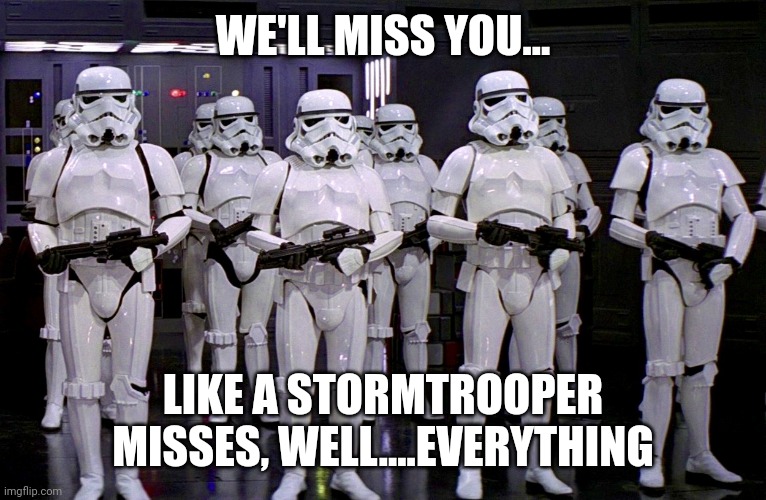 Imperial Stormtroopers  | WE'LL MISS YOU... LIKE A STORMTROOPER MISSES, WELL....EVERYTHING | image tagged in imperial stormtroopers | made w/ Imgflip meme maker