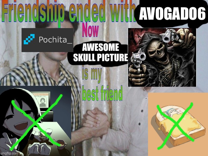 Friendship ended | AVOGADO6; AWESOME SKULL PICTURE | image tagged in friendship ended | made w/ Imgflip meme maker