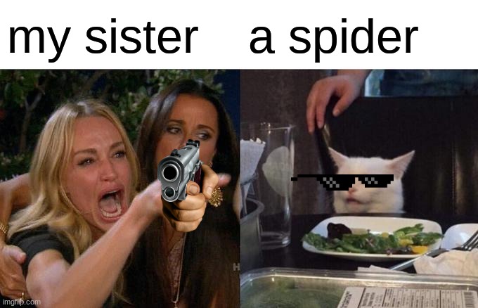 Bruh! | my sister; a spider | image tagged in memes,woman yelling at cat | made w/ Imgflip meme maker