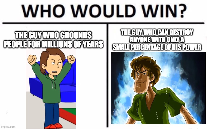 The 2 most powerful internet Gods | THE GUY WHO GROUNDS PEOPLE FOR MILLIONS OF YEARS; THE GUY WHO CAN DESTROY ANYONE WITH ONLY A SMALL PERCENTAGE OF HIS POWER | image tagged in memes,who would win,boris,shaggy,ultra instinct shaggy,goanimate | made w/ Imgflip meme maker