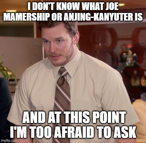 I don't know what it is | I DON'T KNOW WHAT JOE MAMERSHIP OR ANJING-KANYUTER IS; AND AT THIS POINT I'M TOO AFRAID TO ASK | image tagged in memes,afraid to ask andy | made w/ Imgflip meme maker