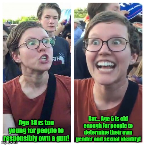 This is truly what Democrats believe... I wish this was hyperbole | But... Age 6 is old enough for people to determine their own gender and sexual identity! Age 18 is too young for people to responsibly own a gun! | image tagged in hypocrite liberal,2nd amendment,gender identity,democrats,children,lgbtq | made w/ Imgflip meme maker