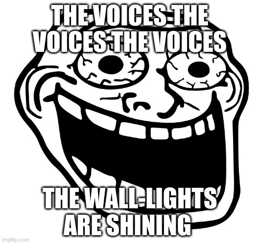 Crazy Trollface | THE VOICES THE VOICES THE VOICES; THE WALL-LIGHTS ARE SHINING | image tagged in crazy trollface | made w/ Imgflip meme maker