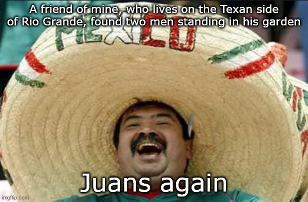 Happens all the time |  A friend of mine, who lives on the Texan side of Rio Grande, found two men standing in his garden; Juans again | image tagged in mexican word of the day | made w/ Imgflip meme maker