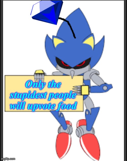 Only the stupidest people will upvote food | image tagged in metal sonic doll holding sign | made w/ Imgflip meme maker