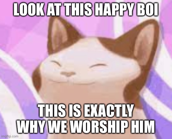happy boi | LOOK AT THIS HAPPY BOI; THIS IS EXACTLY WHY WE WORSHIP HIM | image tagged in pop cat smiling | made w/ Imgflip meme maker