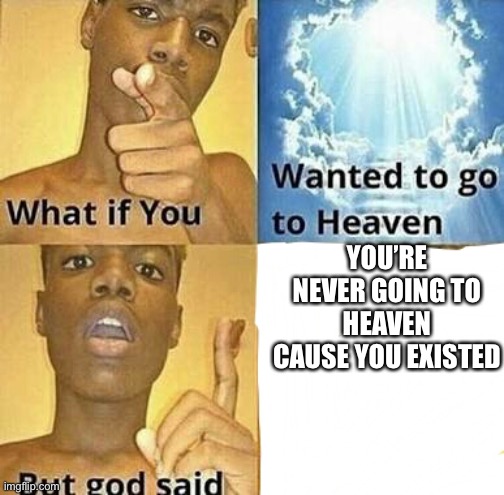 Only in my life | YOU’RE NEVER GOING TO HEAVEN CAUSE YOU EXISTED | image tagged in what if you wanted to go to heaven | made w/ Imgflip meme maker