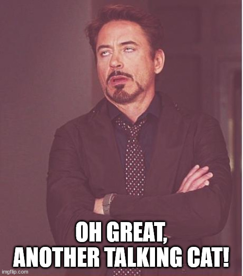 Face You Make Robert Downey Jr Meme | OH GREAT, ANOTHER TALKING CAT! | image tagged in memes,face you make robert downey jr | made w/ Imgflip meme maker