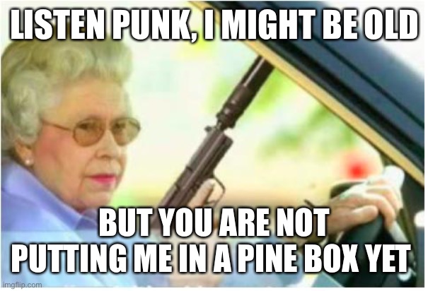 grandma gun weeb killer | LISTEN PUNK, I MIGHT BE OLD BUT YOU ARE NOT PUTTING ME IN A PINE BOX YET | image tagged in grandma gun weeb killer | made w/ Imgflip meme maker