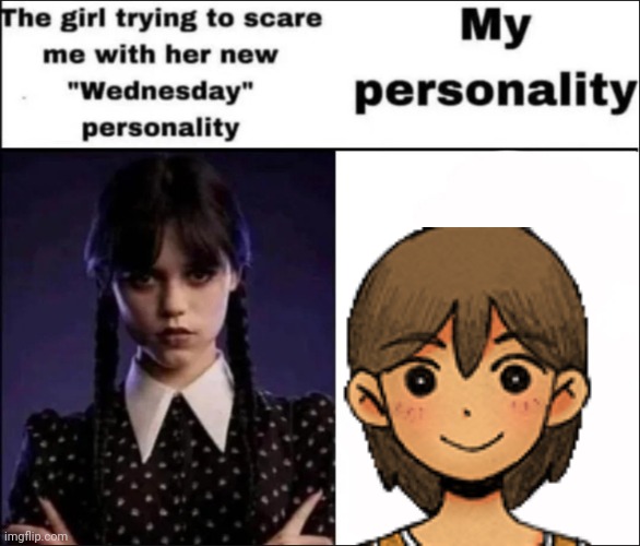 Technically I would be a mix between RW Aubrey, Sunny/Omori and RW/HS Kel | image tagged in the girl trying to scare me with her new wednesday personality | made w/ Imgflip meme maker