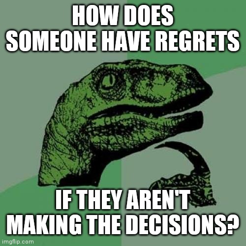 Plausible Deniability is in  Full Effect | HOW DOES SOMEONE HAVE REGRETS; IF THEY AREN'T MAKING THE DECISIONS? | image tagged in memes,philosoraptor,pinocchijoe | made w/ Imgflip meme maker