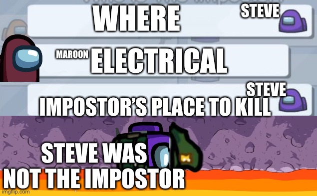 Don’t yell in the comments if he’s name isn’t steve | WHERE; STEVE; MAROON; ELECTRICAL; STEVE; IMPOSTOR’S PLACE TO KILL; STEVE WAS NOT THE IMPOSTOR | image tagged in among us chat | made w/ Imgflip meme maker