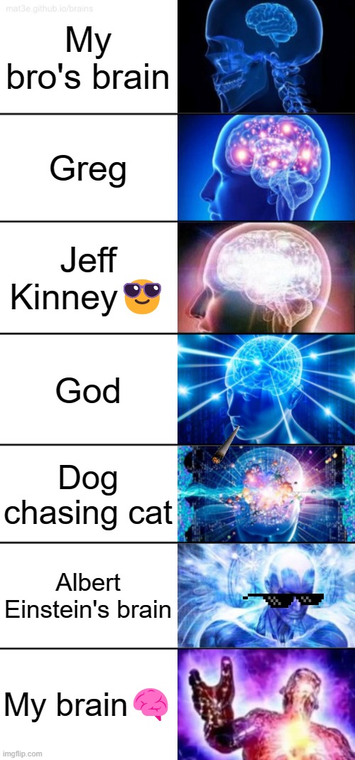 The Brains | My bro's brain; Greg; Jeff Kinney😎; God; Dog chasing cat; Albert Einstein's brain; My brain🧠 | image tagged in 7-tier expanding brain | made w/ Imgflip meme maker