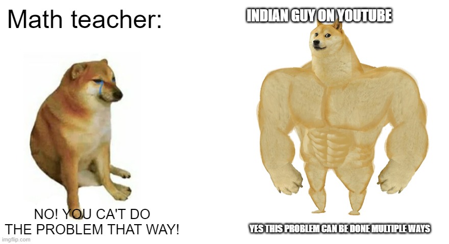 Indian guy on youtube | Math teacher:; INDIAN GUY ON YOUTUBE; NO! YOU CA'T DO THE PROBLEM THAT WAY! YES THIS PROBLEM CAN BE DONE MULTIPLE WAYS | image tagged in swole doge vs cheems flipped | made w/ Imgflip meme maker